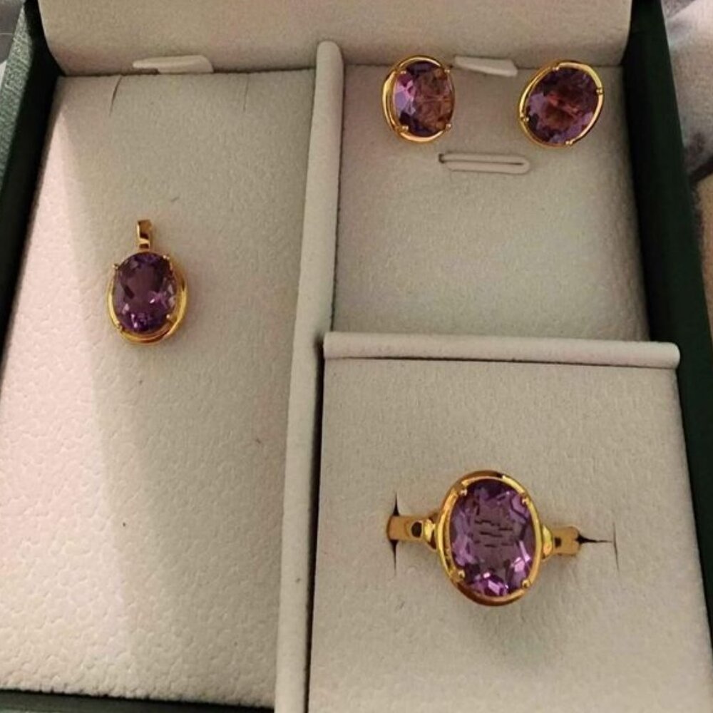Natural Amethyst Set Earring Studs, Pendant, and Ring